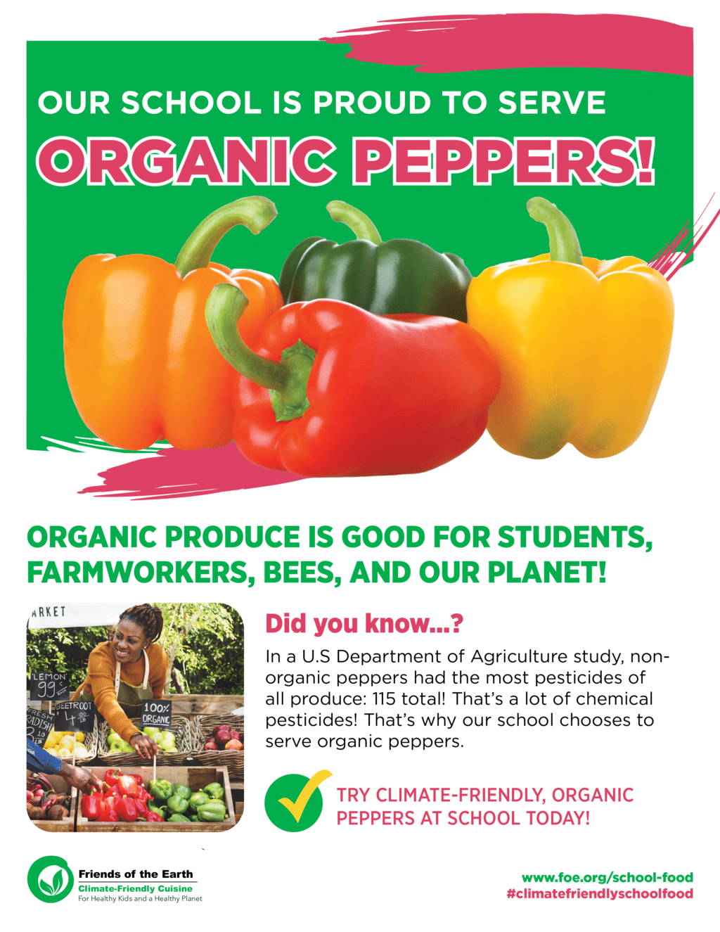 May contain four colorful bell peppers and a person at a produce stand.