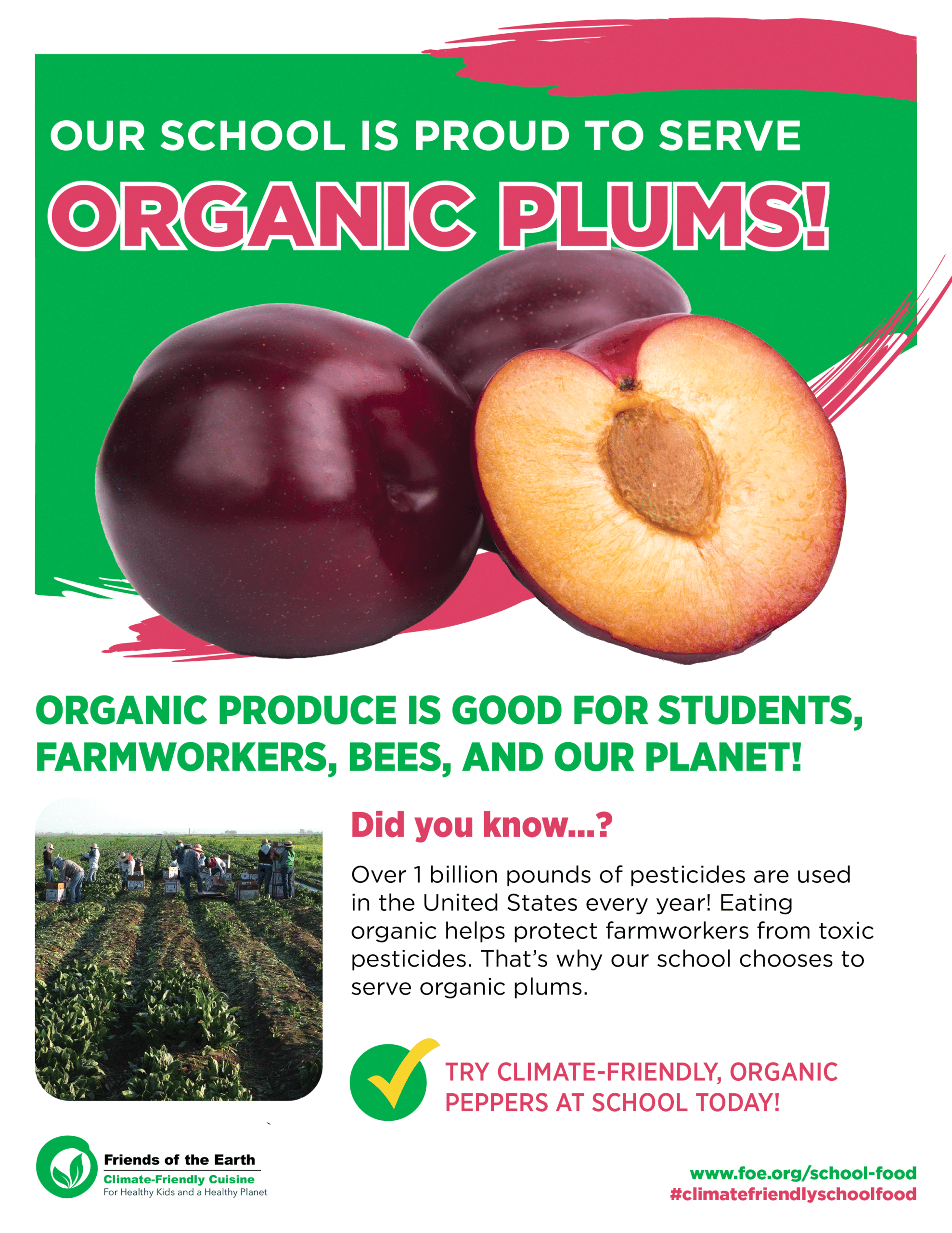 May contain three plums, one cut in half, and people working in a field.