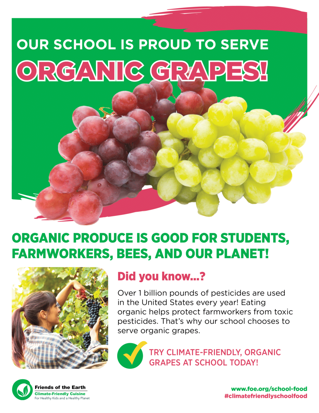 May contain red and green grapes, a person harvesting grapes, text about organic produce, and a logo.