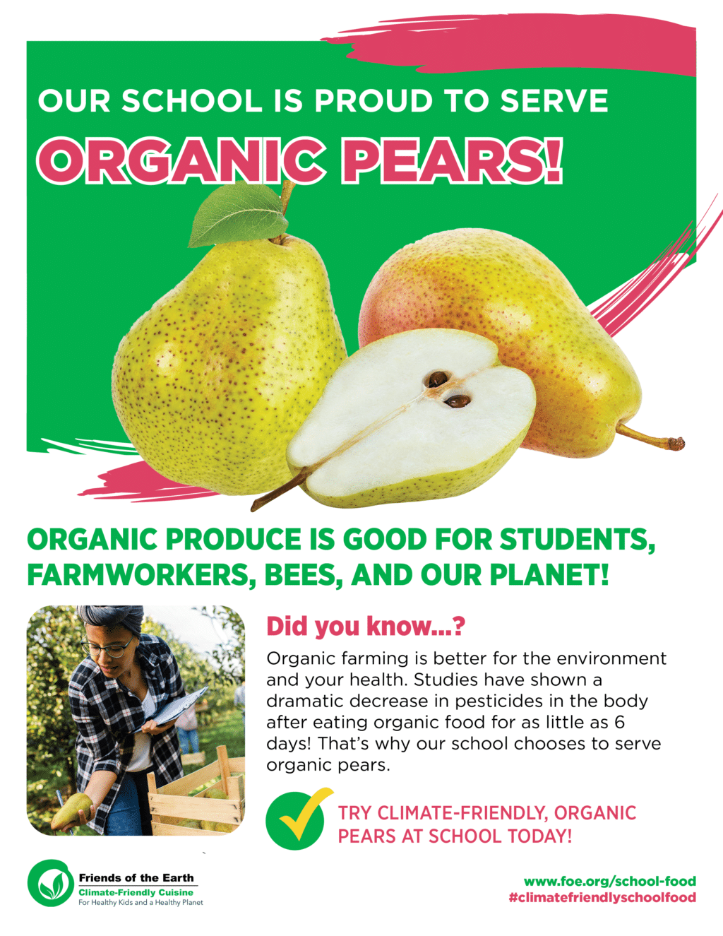 May contain three pears, one sliced, and a person inspecting produce.