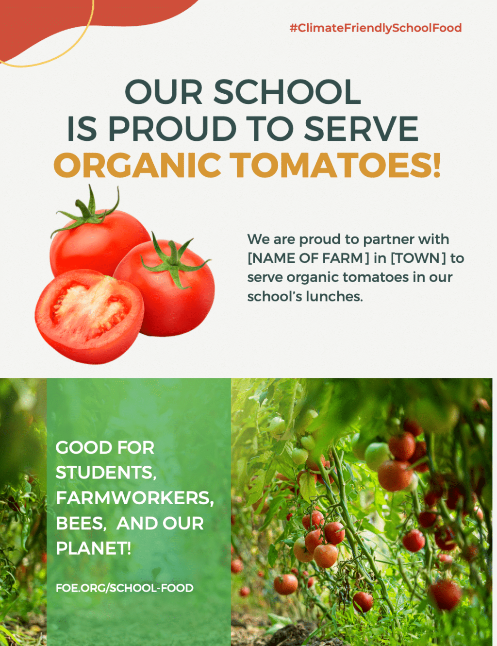 May contain three organic tomatoes, one cut in half, on a white background with text.