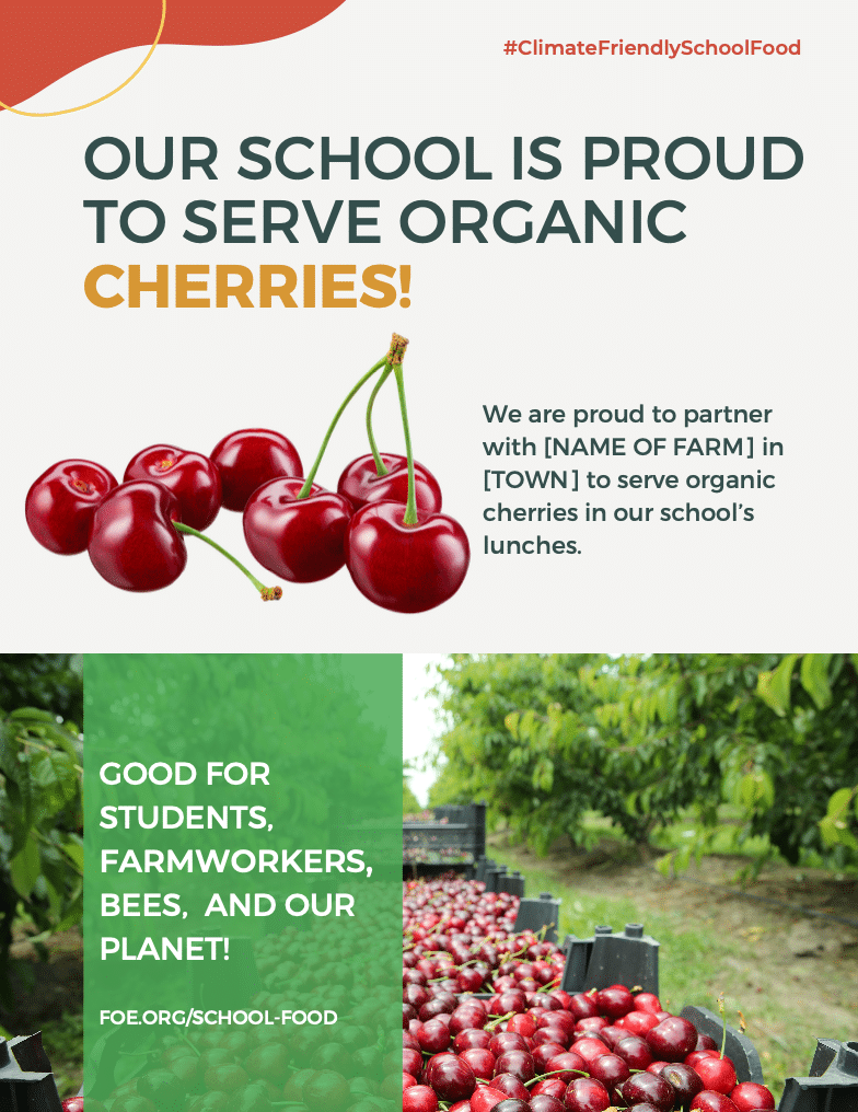 May contain a pile of cherries and text about organic cherries.