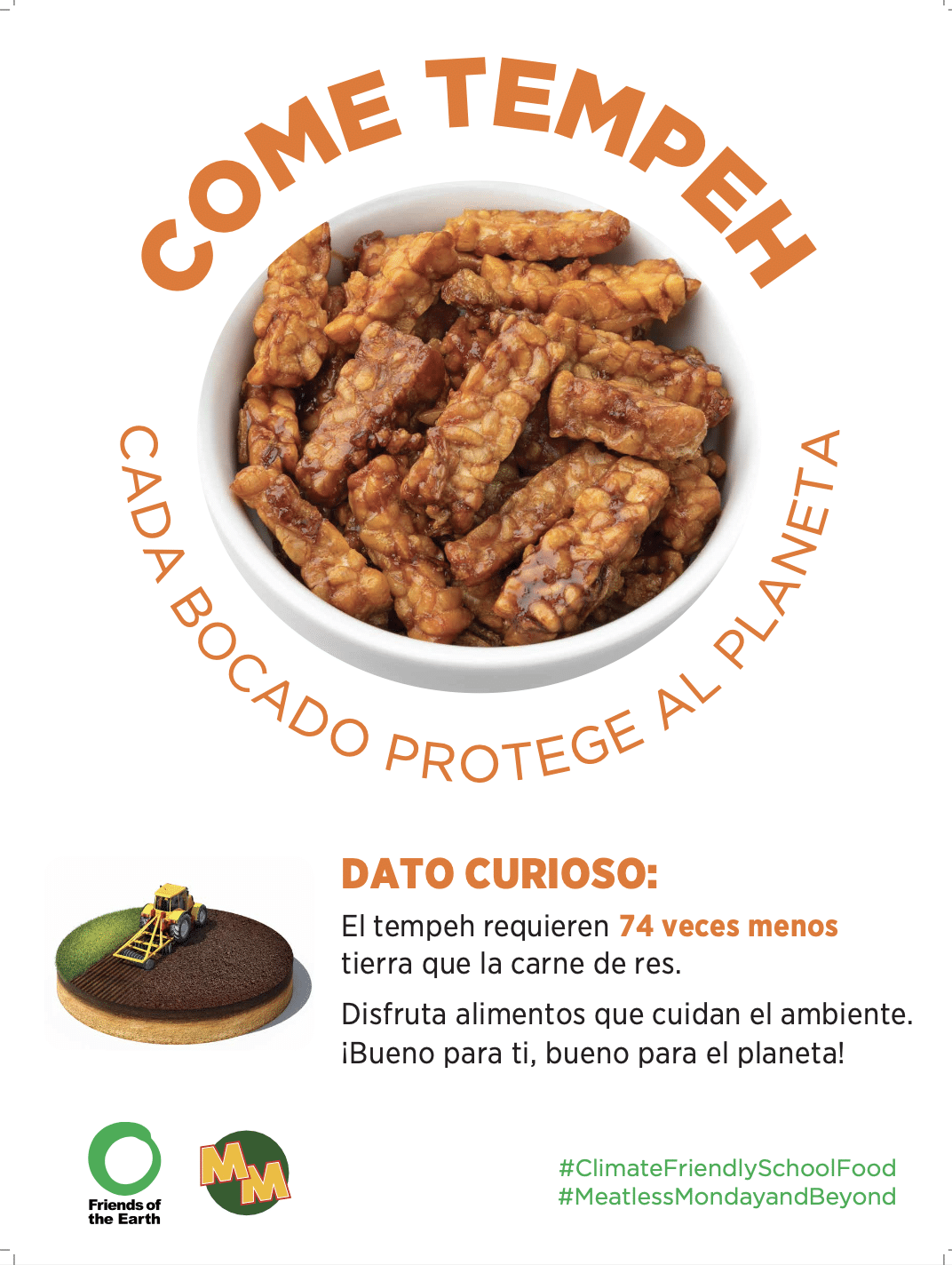 May contain a bowl of tempeh next to text about food and earth.