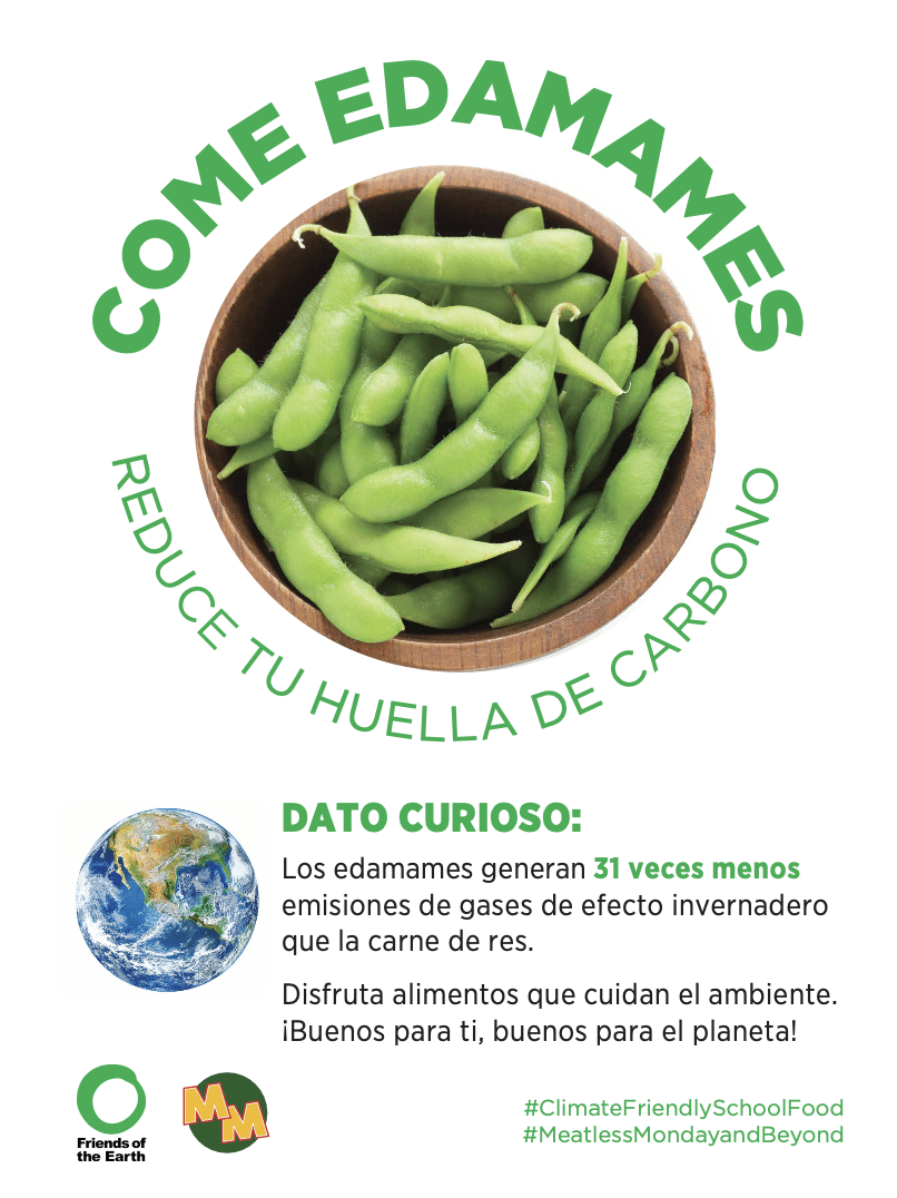 May contain a bowl of edamame with text about reducing carbon footprint.
