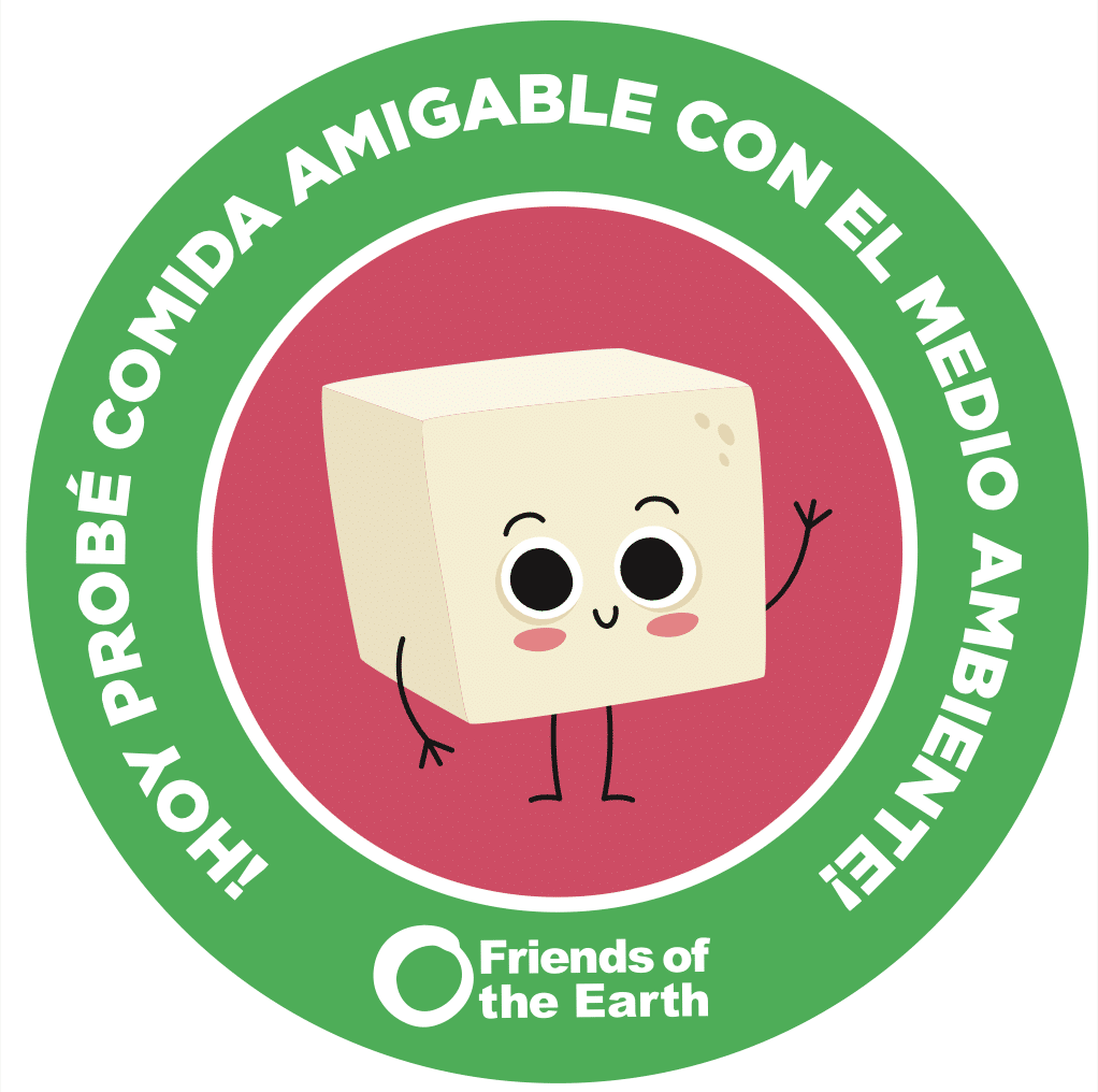 May contain a cartoon block of tofu waving, with Spanish text about food.