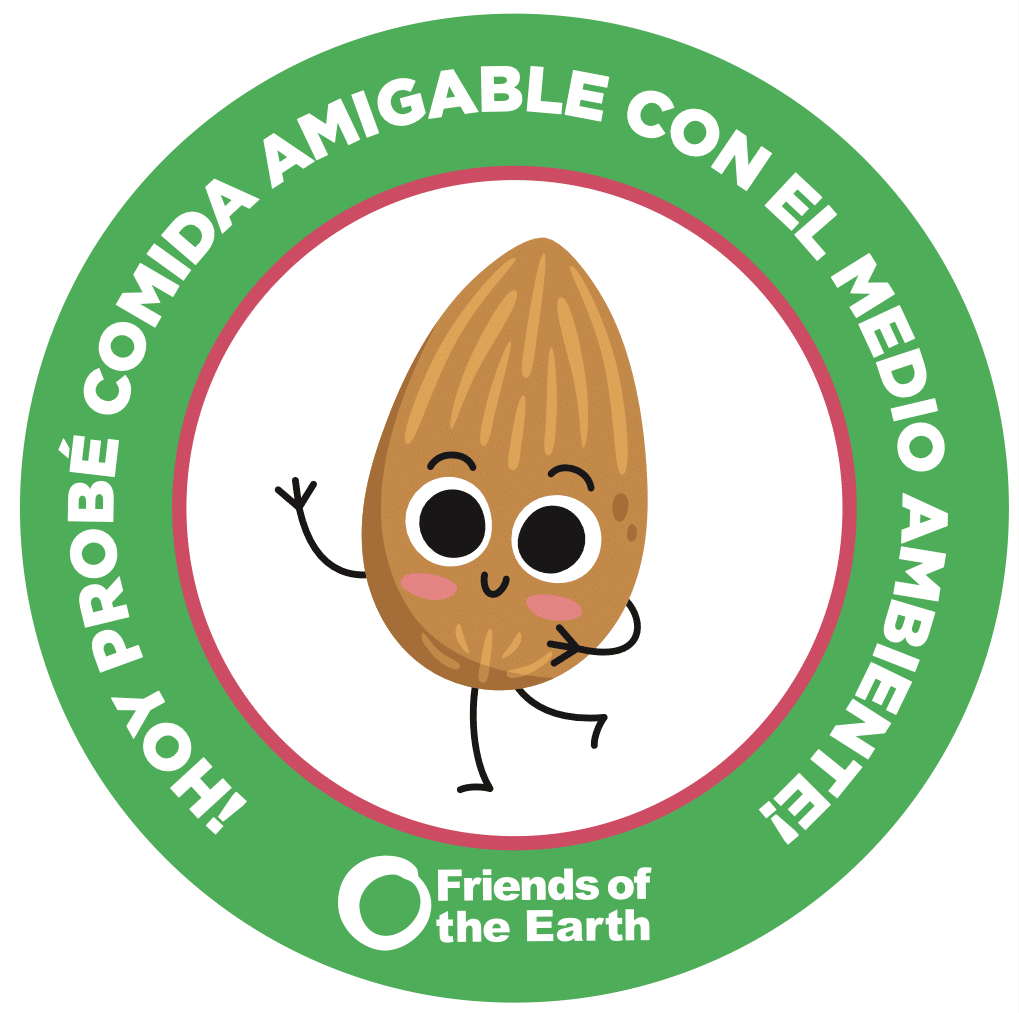 May contain a cartoon almond with arms and legs, and the text "Friends of the Earth".