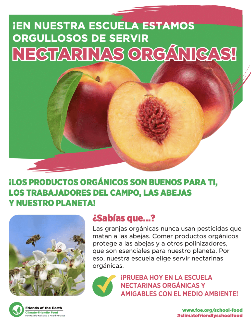 May contain three nectarines, two whole and one sliced, with text about organic nectarines.