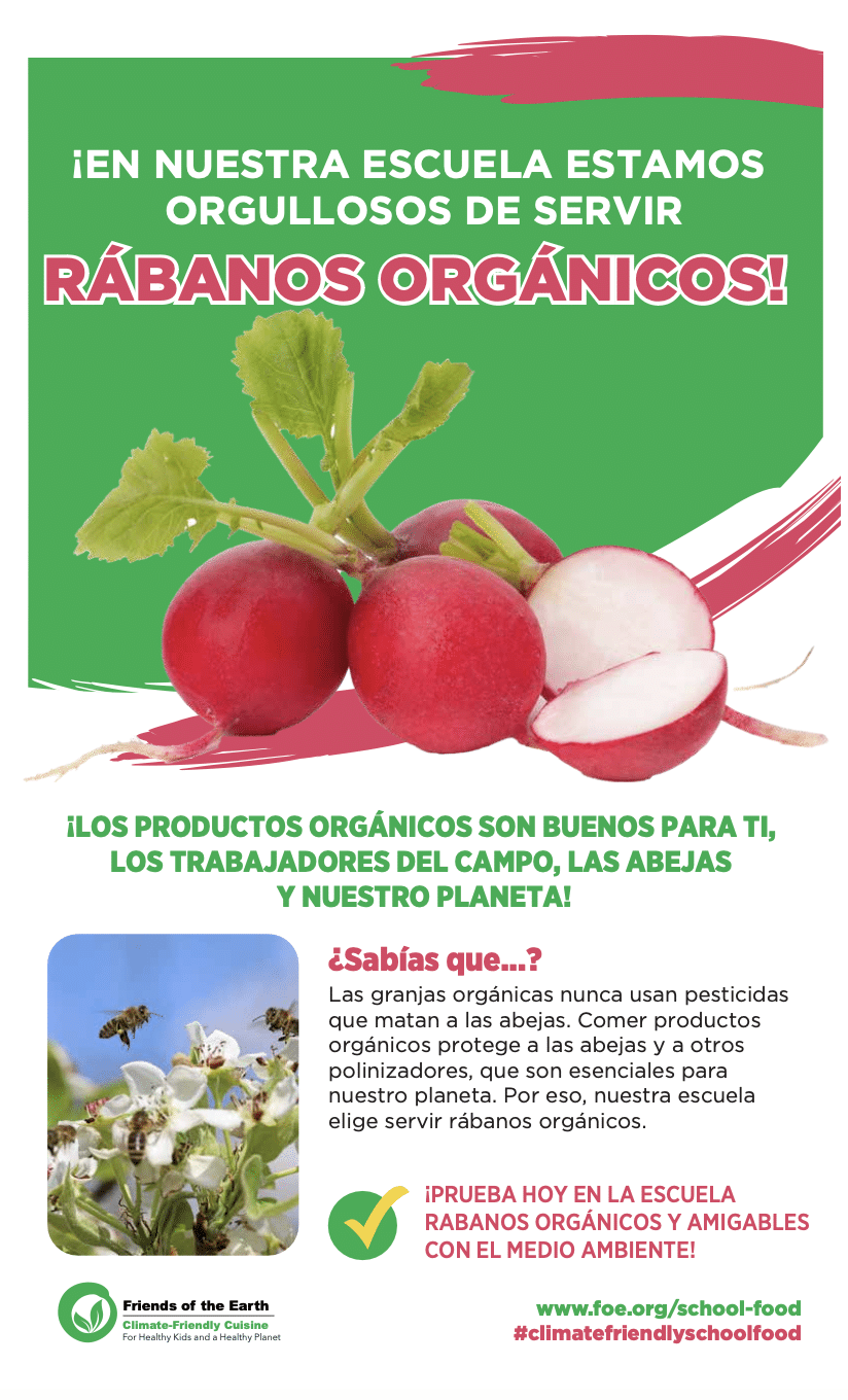 May contain radishes and bees on flowers with text about organic food.