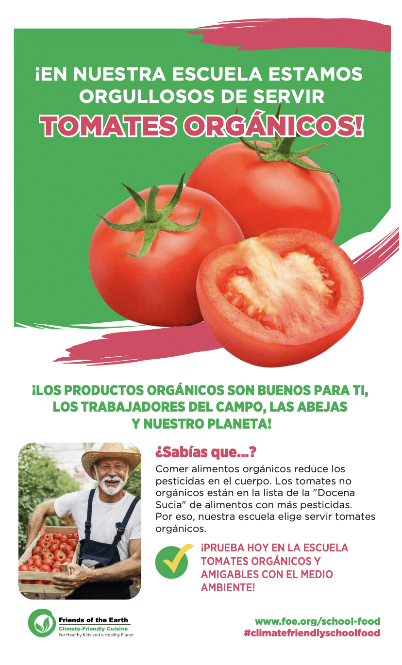 May contain a person holding a box of tomatoes, with text about organic tomatoes.