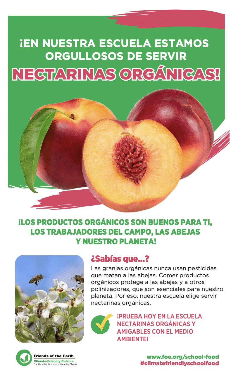 May contain three nectarines, one sliced, and bees on flowers.