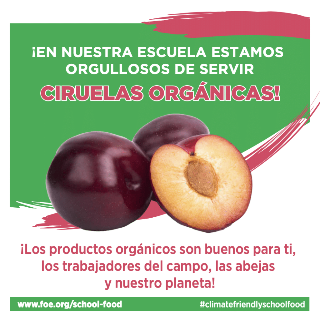 May contain three plums, one sliced, with text about organic food.