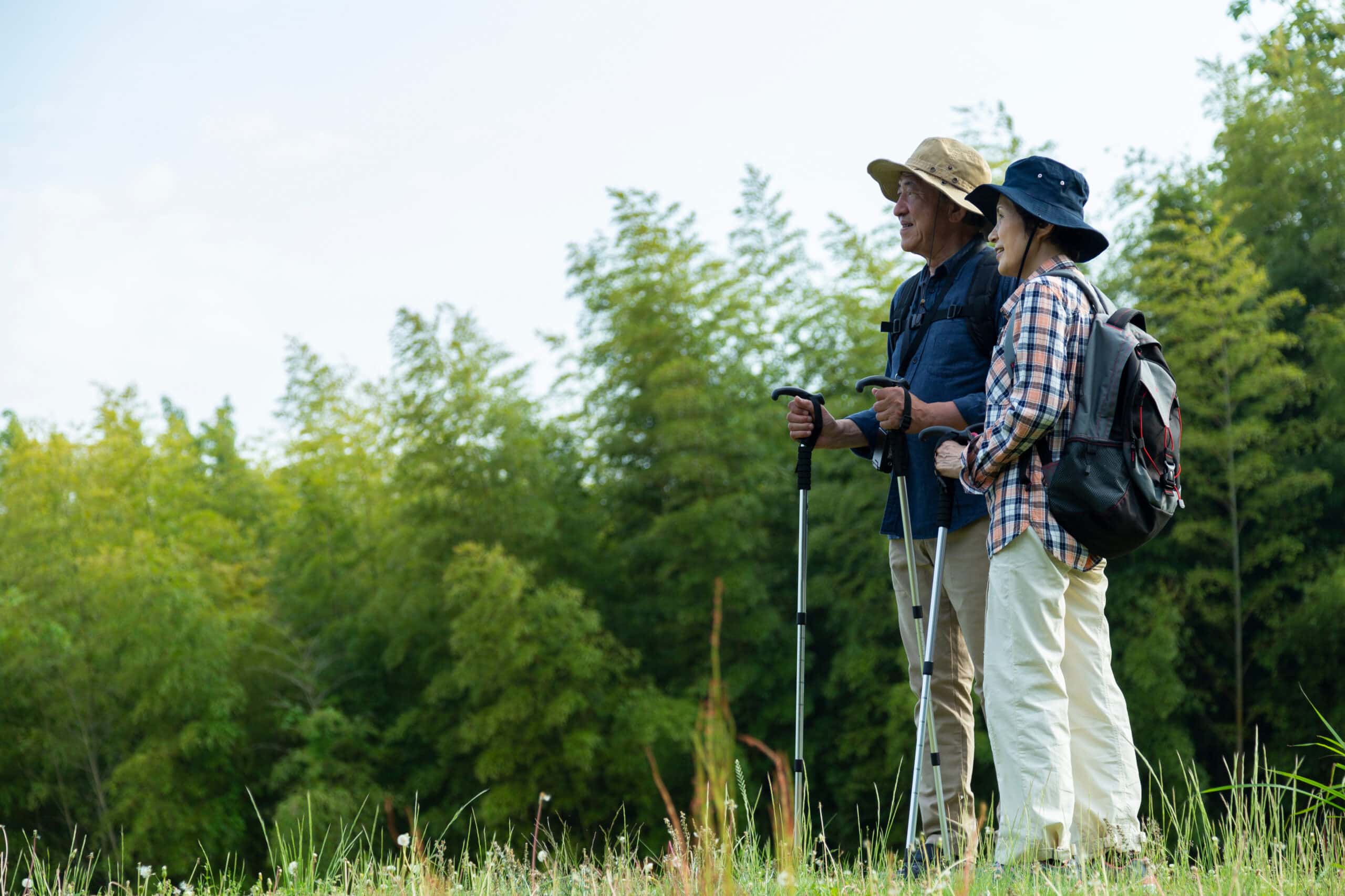 May contain two people wearing hats and backpacks, holding trekking poles.