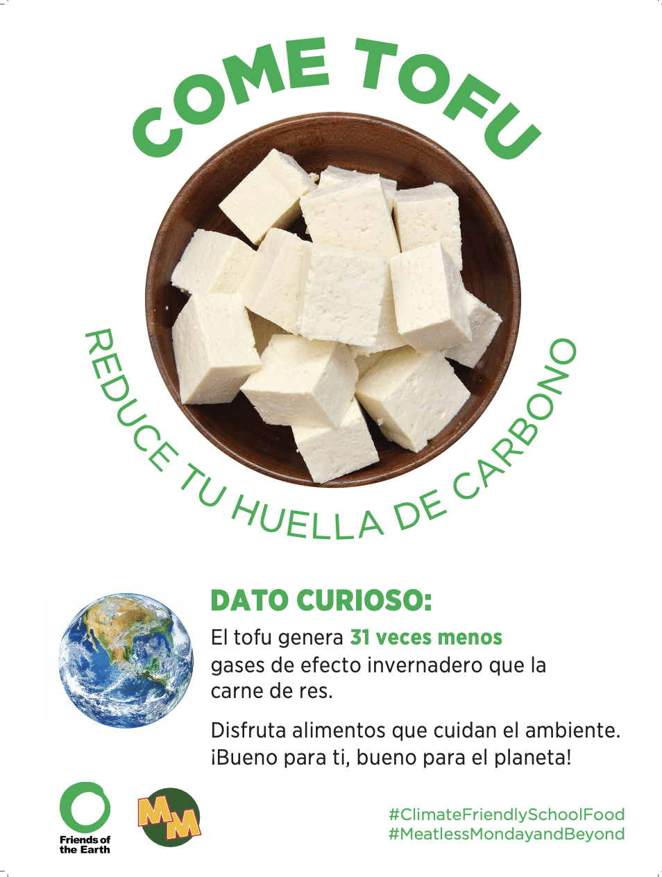 May contain a bowl of cubed tofu with text about reducing carbon footprint.
