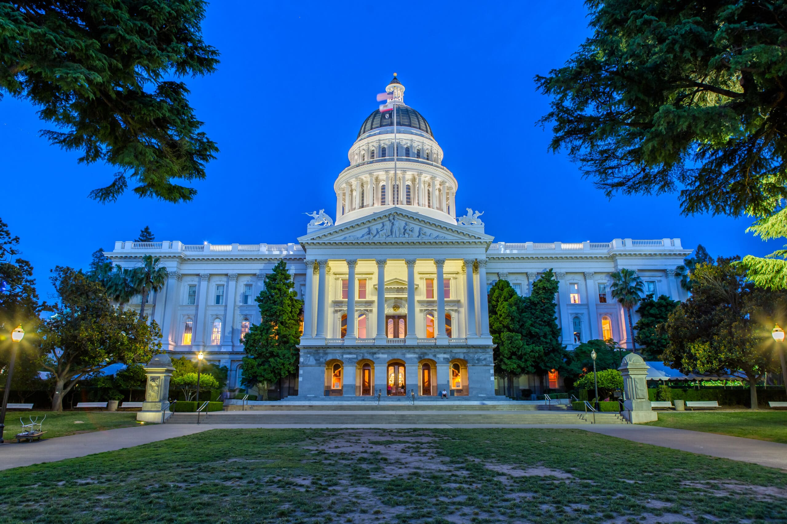 May contain one person sitting on the steps of a lit capitol building.