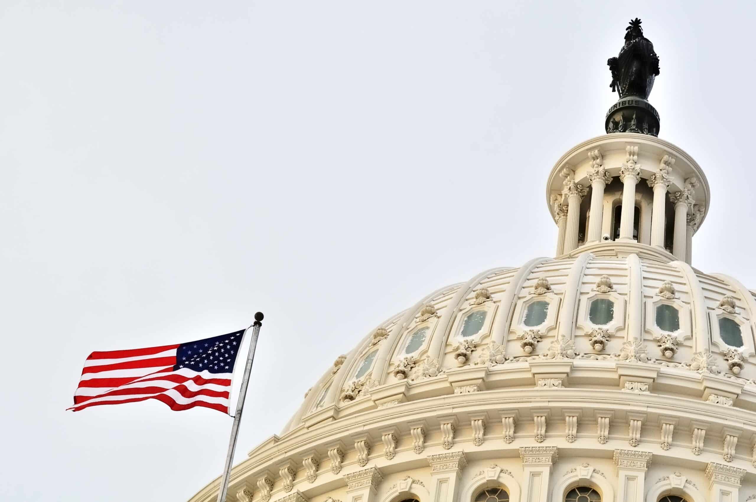May contain an American flag and a dome with columns and a statue on top.