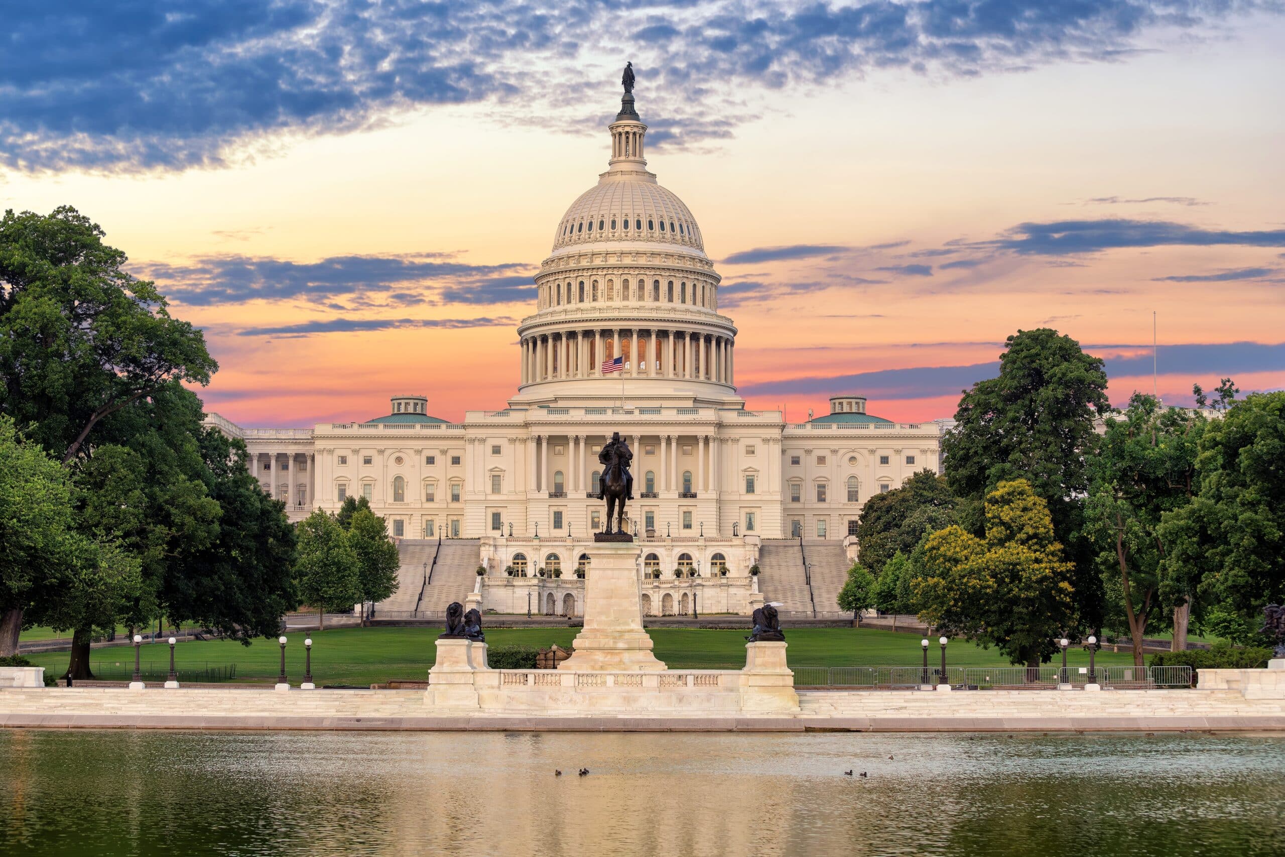 May contain the U.S. Capitol building with a statue in front and a pond.