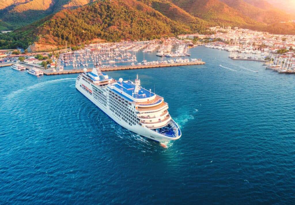 May contain a cruise ship sailing in the ocean near a town.