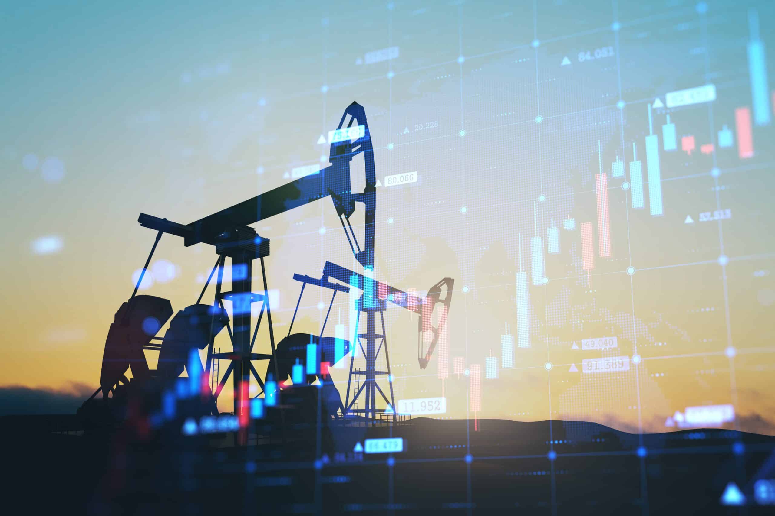 May contain oil pumps silhouetted against a sunset with stock market data overlay.