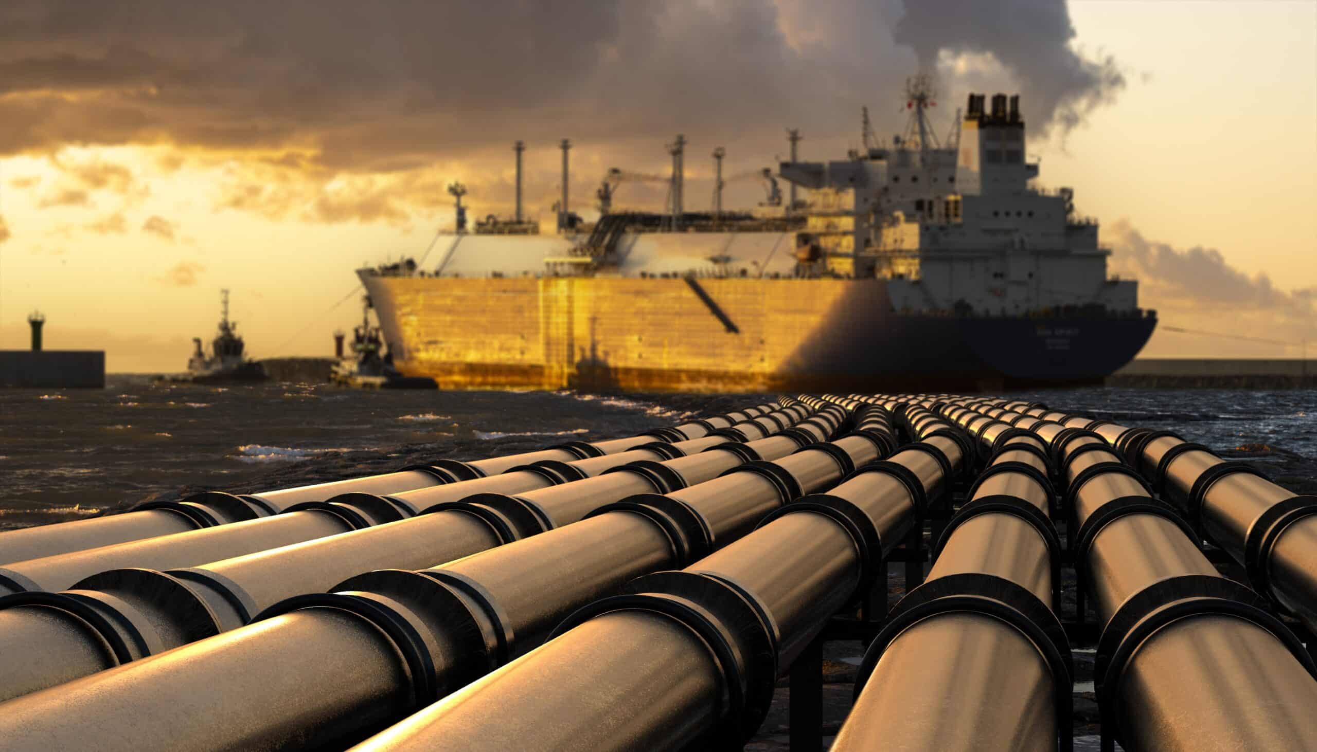 May contain rows of pipes leading to a large ship in the ocean.