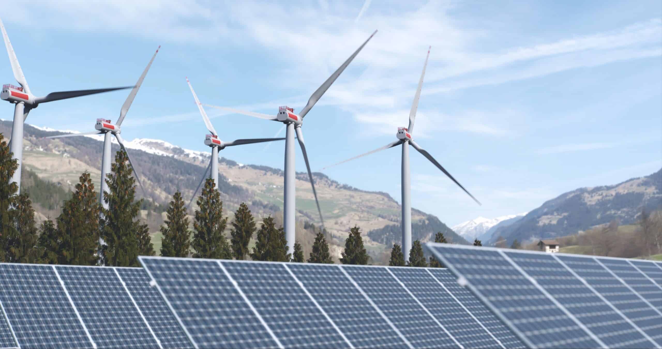 May contain solar panels and wind turbines in a mountainous landscape.