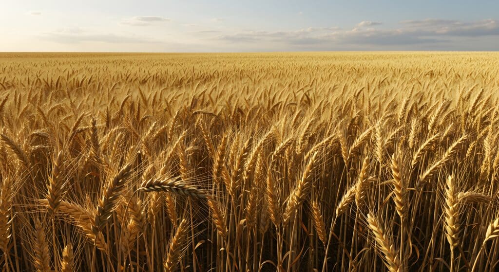 May contain a field of golden wheat under a pale sky.