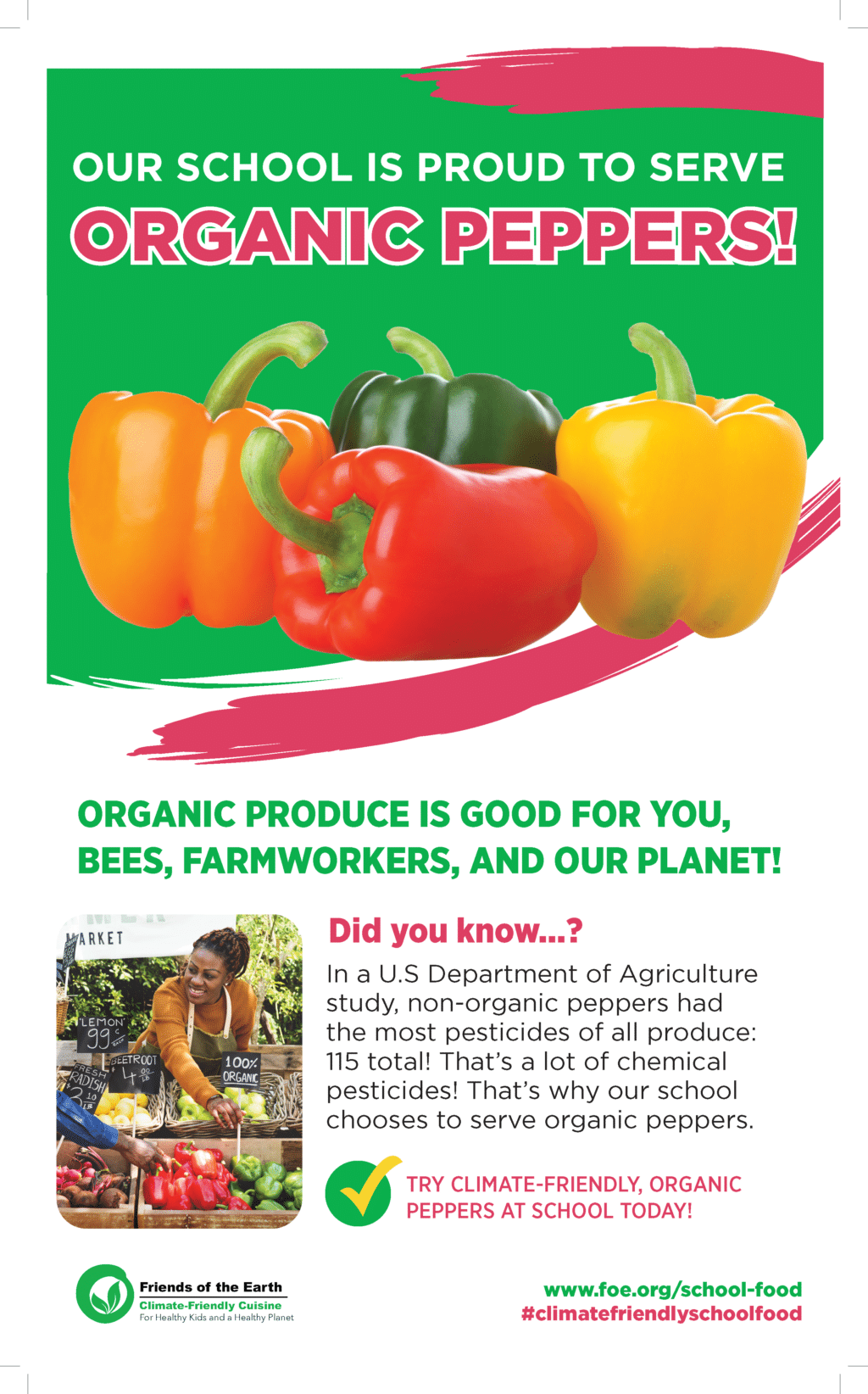May contain four bell peppers, three people, and text about organic produce.