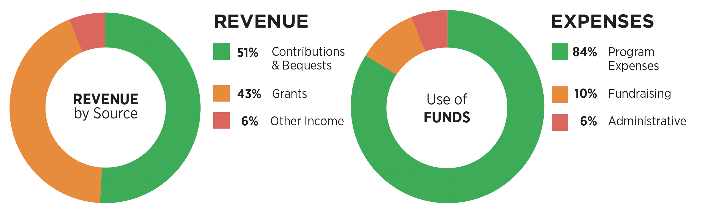 May contain two pie charts showing revenue and expenses.