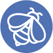 May contain a stylized white outline of a bee on a blue circle.