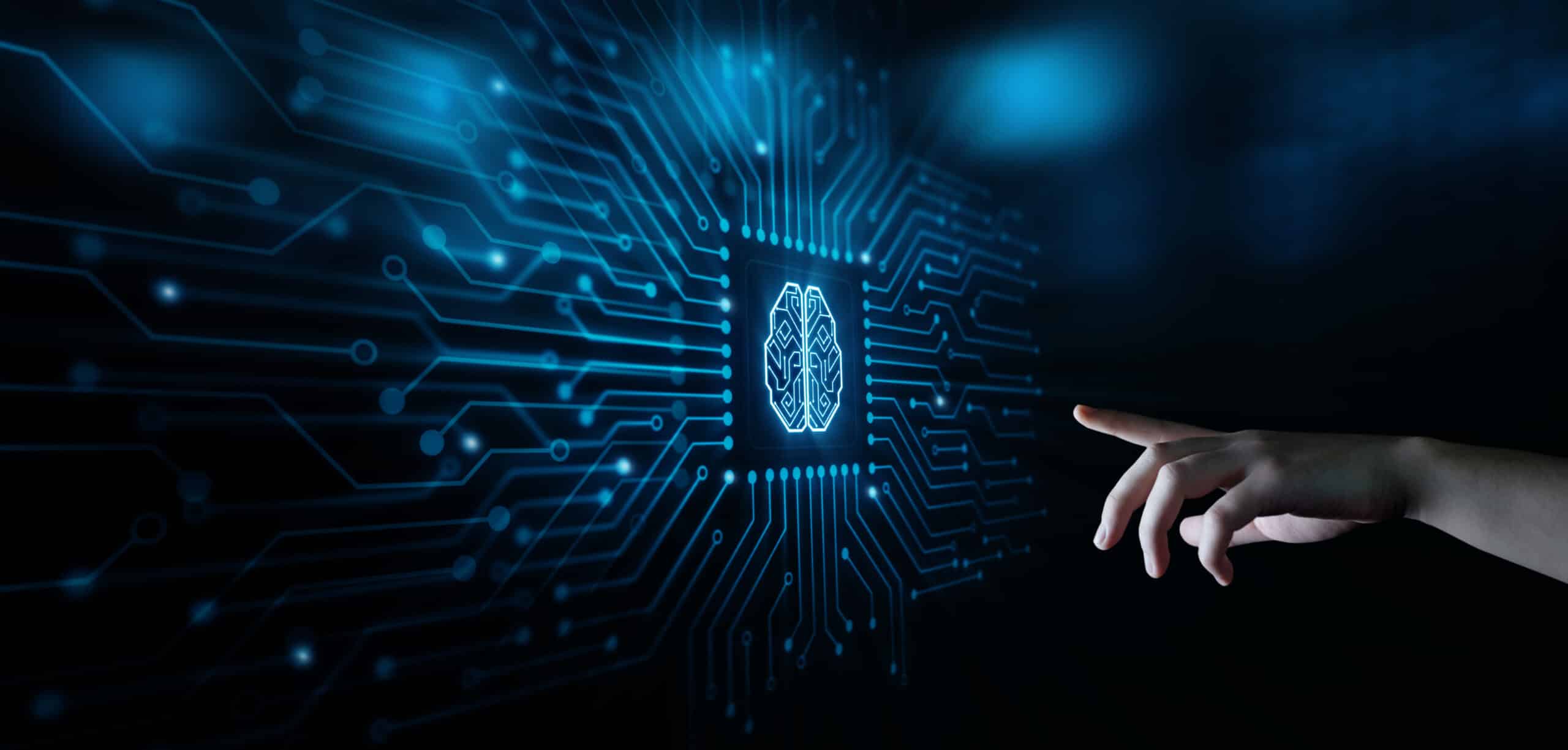 May contain a person's hand touching a glowing brain icon on a circuit board.