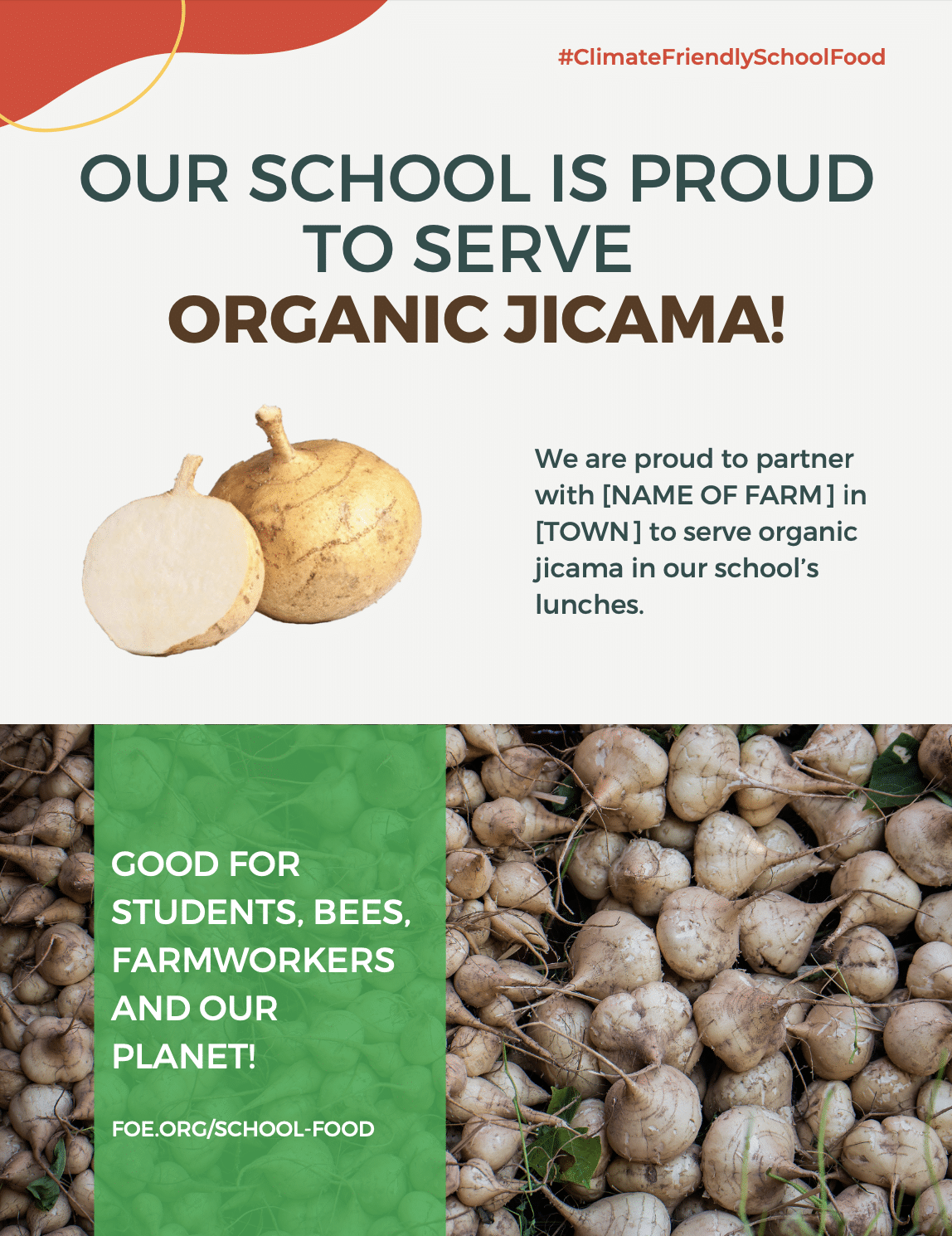 May contain jicama and text about organic jicama in schools.