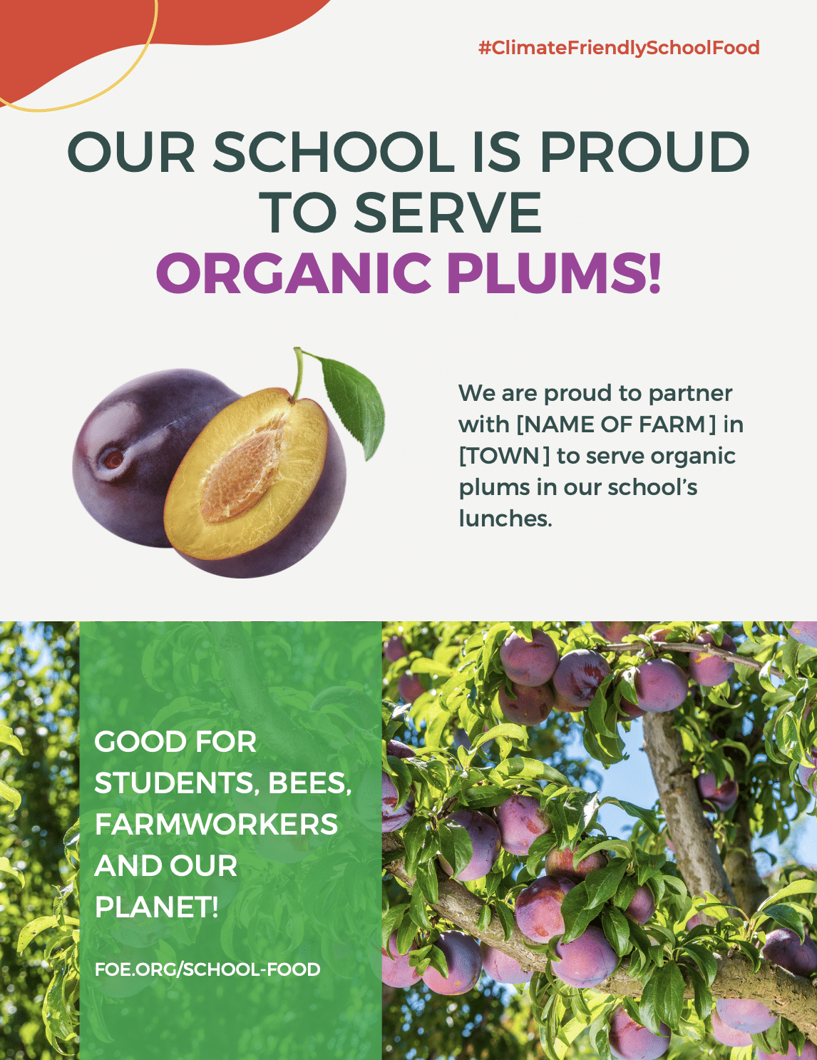 May contain two plums, one whole and one sliced, with text about organic plums.