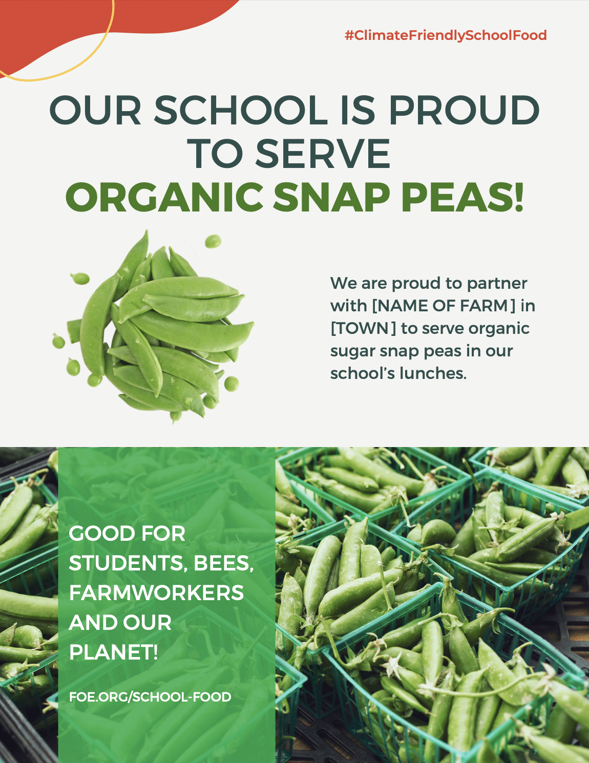 May contain fresh snap peas and baskets of snap peas.