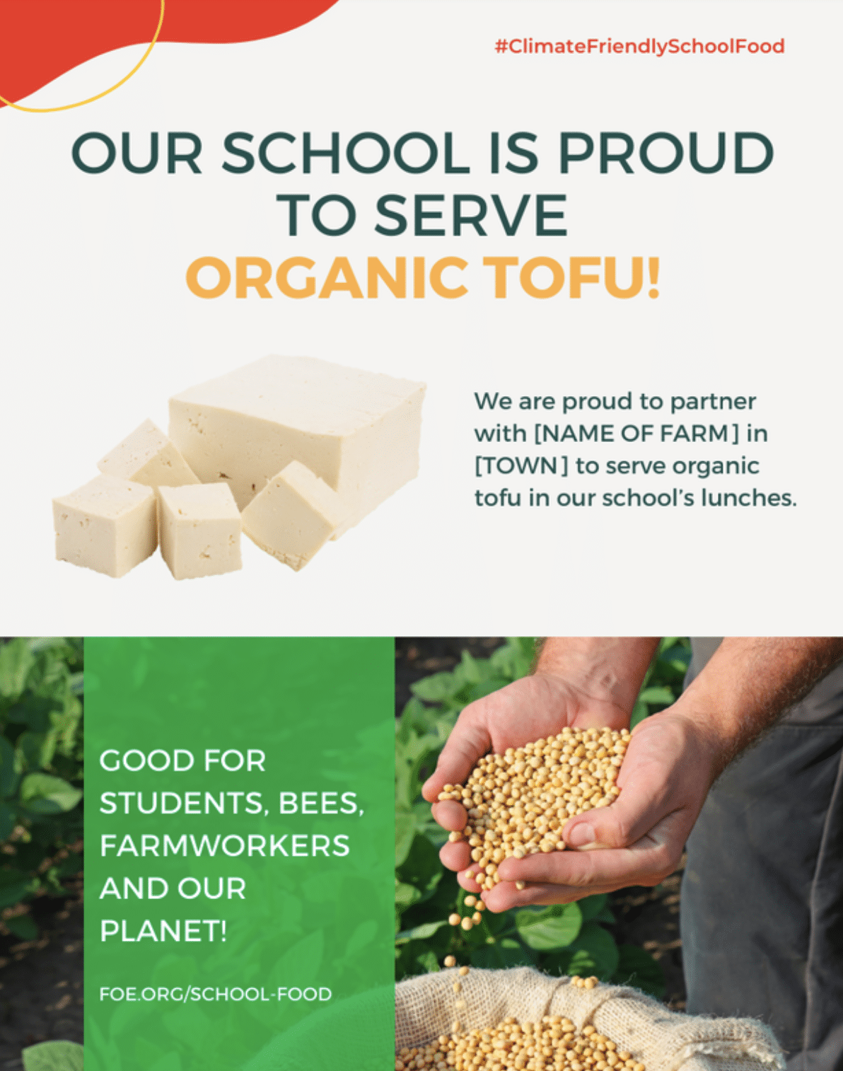 May contain a block of tofu, soybeans, and text about school lunches.