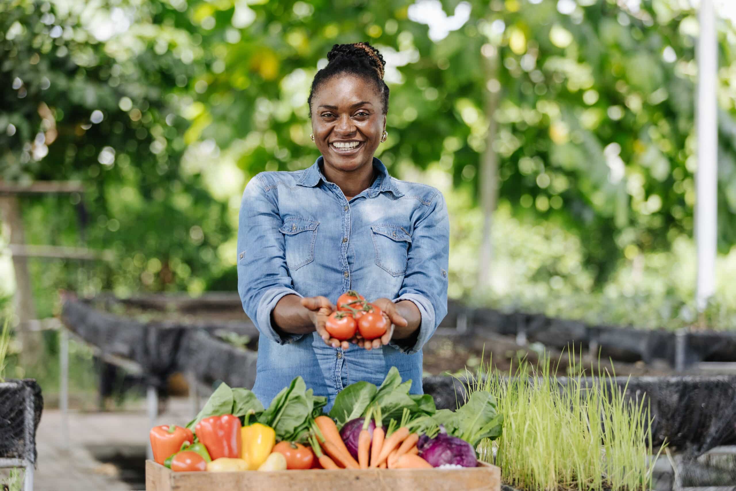 May contain one person holding tomatoes with a crate of vegetables.