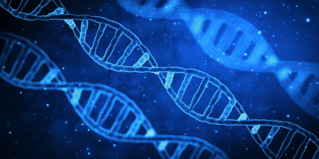 May contain three blue DNA strands against a dark, speckled background.
