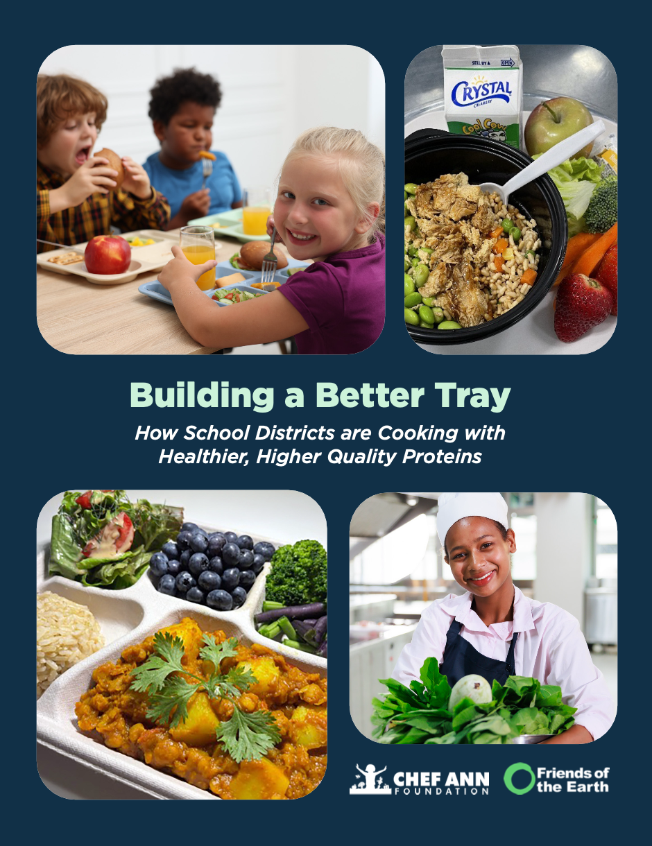 May contain three people, healthy school lunches, and a chef holding greens.